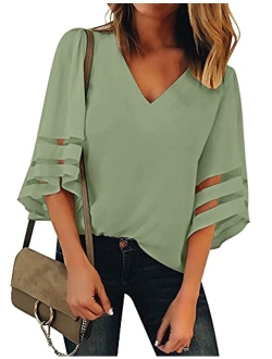 luvamia Women's Casual V Neck Blouse 3/4 Bell Sleeve Mesh Panel Shirts Loose Top