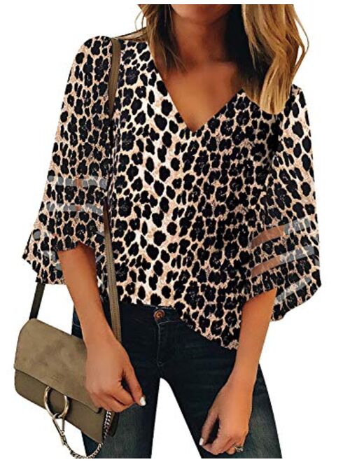 luvamia Women's Casual V Neck Blouse 3/4 Bell Sleeve Mesh Panel Shirts Loose Top