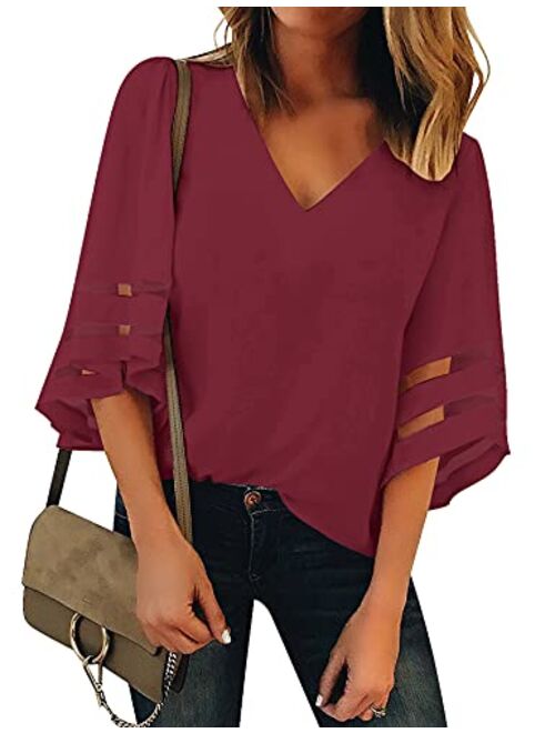 luvamia Women's Casual V Neck Blouse 3/4 Bell Sleeve Mesh Panel Shirts Loose Top