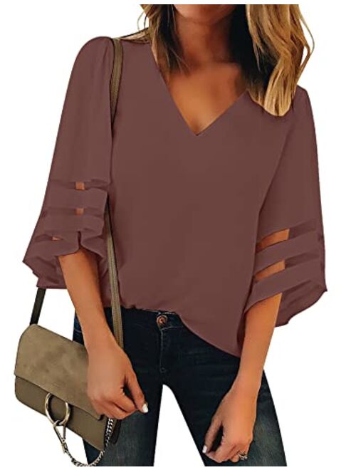 luvamia Women's Casual V Neck Blouse 3/4 Bell Sleeve Mesh Panel Shirts Loose Top