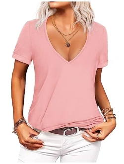 Beyove Women's Deep V T-Shirt Summer Short Sleeve Loose Casual Top(S-XXL)