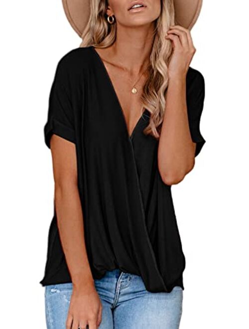 HOTAPEI Womens Casual Summer Tie Sleeve Wrap V Neck Chiffon Blouses Tops Shirts