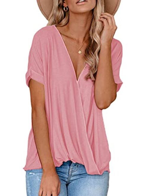 HOTAPEI Womens Casual Summer Tie Sleeve Wrap V Neck Chiffon Blouses Tops Shirts