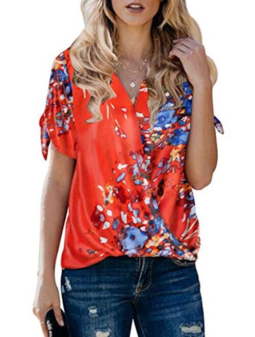 HOTAPEI Womens Casual Summer Tie Sleeve Wrap V Neck Chiffon Blouses Tops Shirts