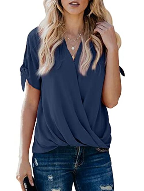 HOTAPEI Womens Casual Summer Tie Sleeve Wrap V Neck Chiffon Blouses Tops Shirts