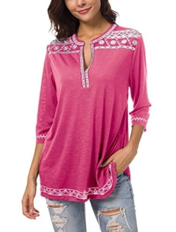 Women's 3/4 Sleeve Boho Shirts Embroidered Peasant Top