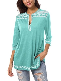 Women's 3/4 Sleeve Boho Shirts Embroidered Peasant Top