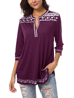 Women's 3/4 Sleeve Boho Shirts Embroidered Peasant Top