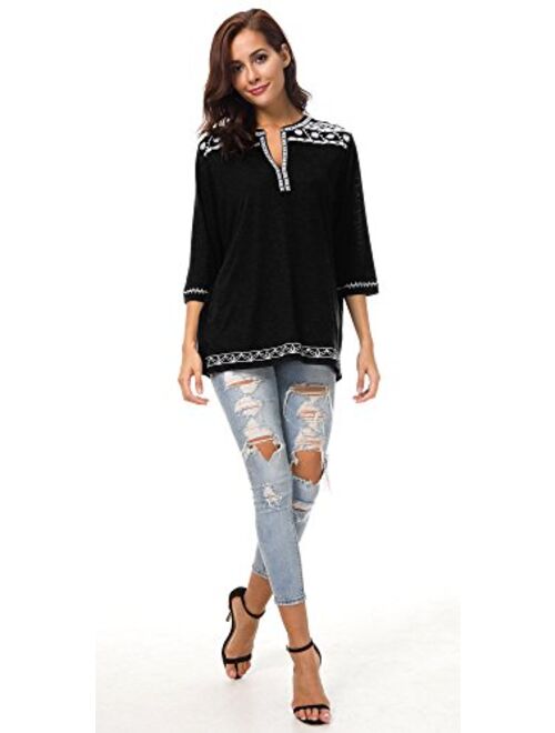 Urban CoCo Women's 3/4 Sleeve Boho Shirts Embroidered Peasant Top