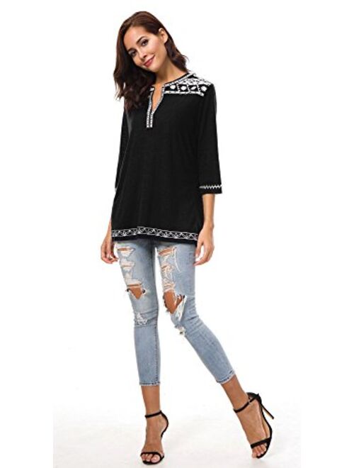 Urban CoCo Women's 3/4 Sleeve Boho Shirts Embroidered Peasant Top