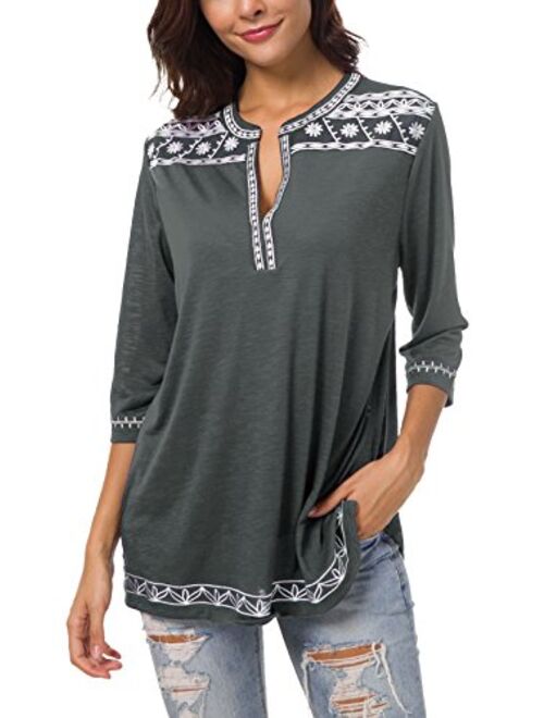 Urban CoCo Women's 3/4 Sleeve Boho Shirts Embroidered Peasant Top