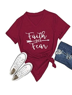 Women Cross Faith T-Shirt Printed V-Neck Casual Short Sleeve Graphic Cute Tops