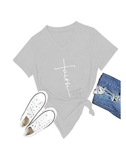 Women Cross Faith T-Shirt Printed V-Neck Casual Short Sleeve Graphic Cute Tops