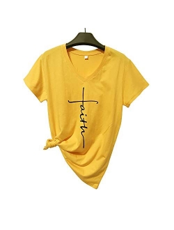 Women Cross Faith T-Shirt Printed V-Neck Casual Short Sleeve Graphic Cute Tops