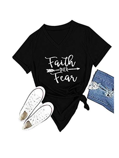 Women Cross Faith T-Shirt Printed V-Neck Casual Short Sleeve Graphic Cute Tops