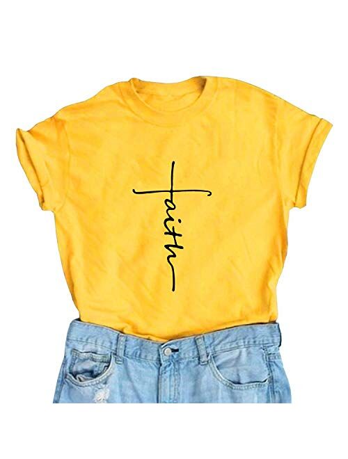 Women Cross Faith T-Shirt Printed V-Neck Casual Short Sleeve Graphic Cute Tops