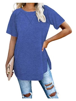 Jescakoo Long Sleeve Loose Pullover Tunic Tops Side Split Plain Shirts