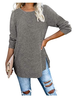 Jescakoo Long Sleeve Loose Pullover Tunic Tops Side Split Plain Shirts