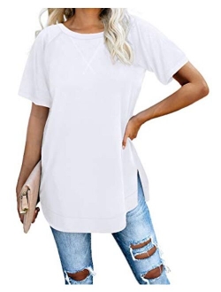 Jescakoo Long Sleeve Loose Pullover Tunic Tops Side Split Plain Shirts