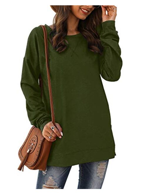 Jescakoo Long Sleeve Loose Pullover Tunic Tops Side Split Plain Shirts