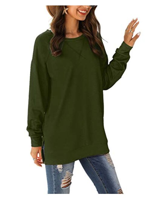 Jescakoo Long Sleeve Loose Pullover Tunic Tops Side Split Plain Shirts