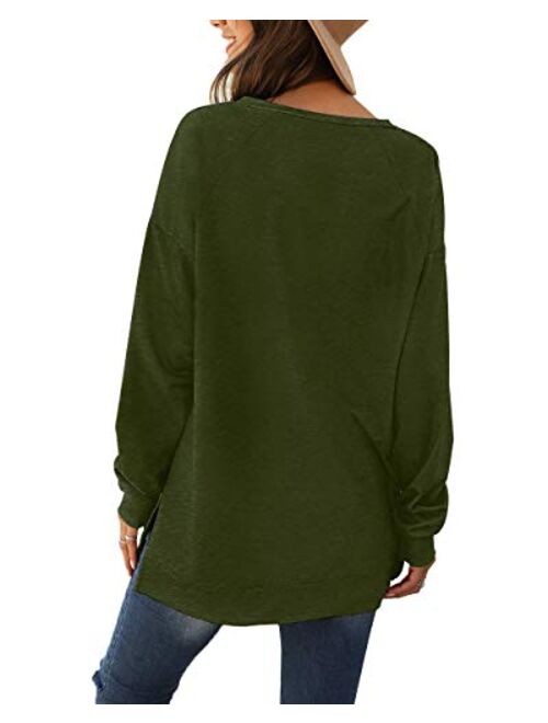 Jescakoo Long Sleeve Loose Pullover Tunic Tops Side Split Plain Shirts