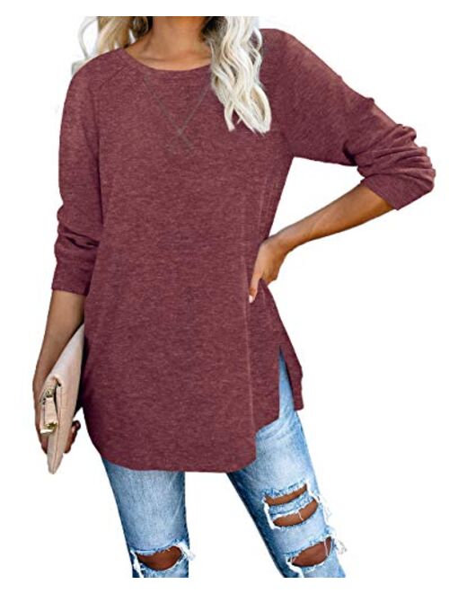 Jescakoo Long Sleeve Loose Pullover Tunic Tops Side Split Plain Shirts