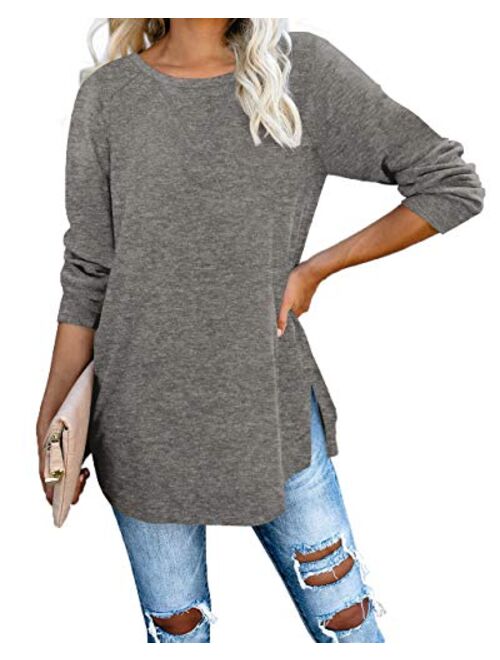 Jescakoo Long Sleeve Loose Pullover Tunic Tops Side Split Plain Shirts