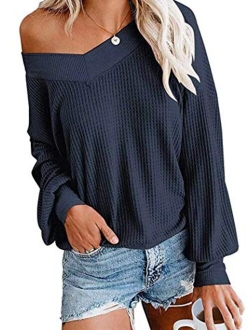 Tobrief Women's V Neck Long Sleeve Waffle Knit Tops Off Shoulder Oversized Pullover Sweater