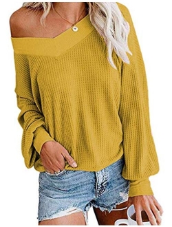 Tobrief Women's V Neck Long Sleeve Waffle Knit Tops Off Shoulder Oversized Pullover Sweater