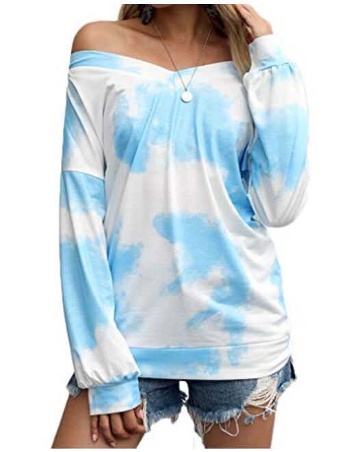 Tobrief Women's V Neck Long Sleeve Waffle Knit Tops Off Shoulder Oversized Pullover Sweater