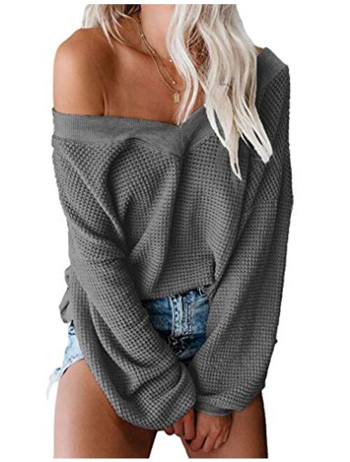 Tobrief Women's V Neck Long Sleeve Waffle Knit Tops Off Shoulder Oversized Pullover Sweater