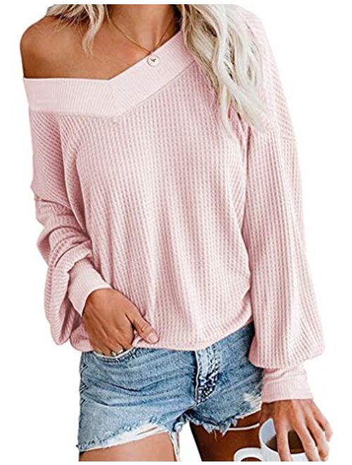 Tobrief Women's V Neck Long Sleeve Waffle Knit Tops Off Shoulder Oversized Pullover Sweater