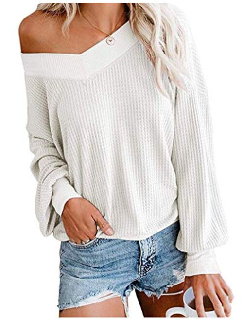 Tobrief Women's V Neck Long Sleeve Waffle Knit Tops Off Shoulder Oversized Pullover Sweater