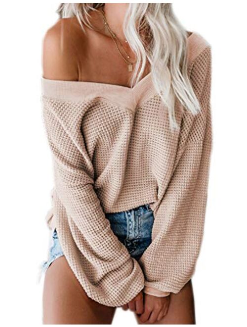 Tobrief Women's V Neck Long Sleeve Waffle Knit Tops Off Shoulder Oversized Pullover Sweater