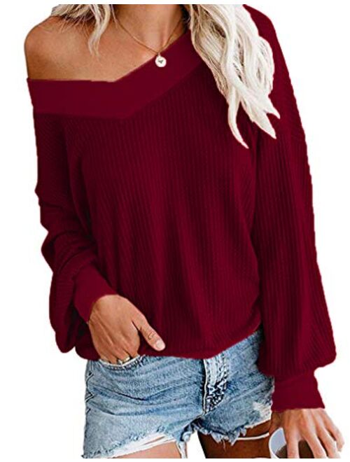 Tobrief Women's V Neck Long Sleeve Waffle Knit Tops Off Shoulder Oversized Pullover Sweater