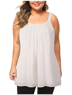 MANER Women's Plus Size Cami Casual Pleated Chiffon Tank Top with Beaded Strap