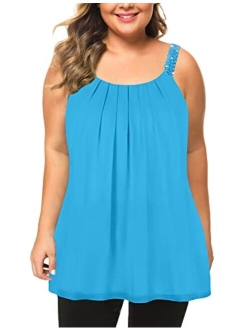 MANER Women's Plus Size Cami Casual Pleated Chiffon Tank Top with Beaded Strap