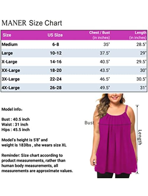 MANER Women's Plus Size Cami Casual Pleated Chiffon Tank Top with Beaded Strap