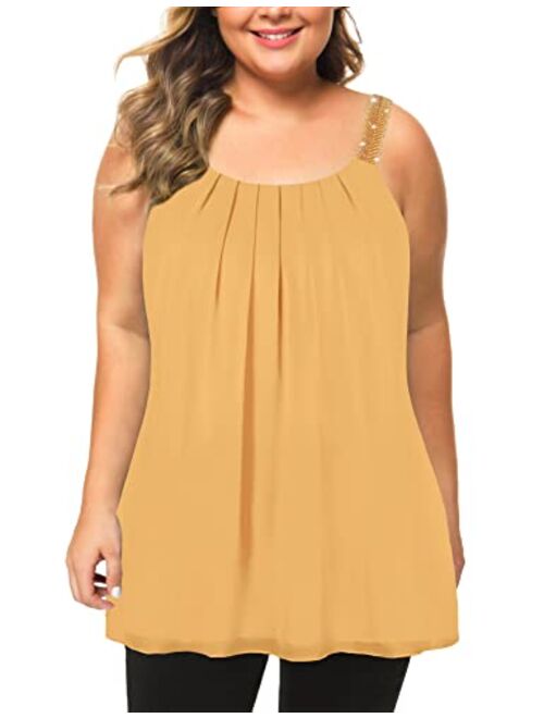 MANER Women's Plus Size Cami Casual Pleated Chiffon Tank Top with Beaded Strap