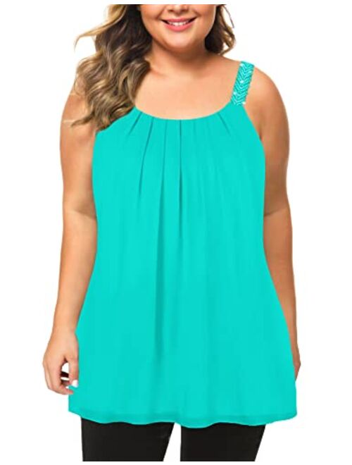 MANER Women's Plus Size Cami Casual Pleated Chiffon Tank Top with Beaded Strap