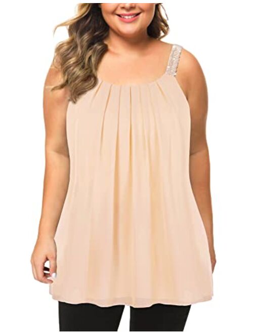 MANER Women's Plus Size Cami Casual Pleated Chiffon Tank Top with Beaded Strap