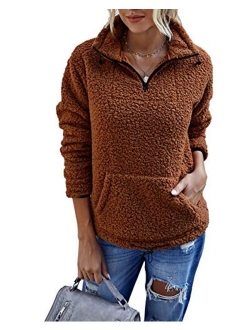 Women's Long Sleeve Pullover Sherpa Fleece Pile Sweatshirt Zip Tops Color Block with Pocket