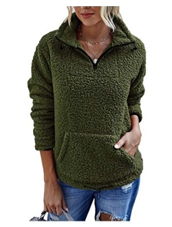 Women's Long Sleeve Pullover Sherpa Fleece Pile Sweatshirt Zip Tops Color Block with Pocket