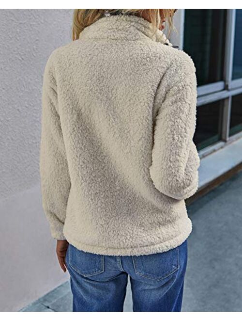 Women's Long Sleeve Pullover Sherpa Fleece Pile Sweatshirt Zip Tops Color Block with Pocket