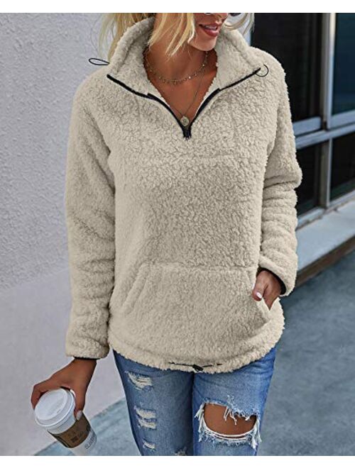 Women's Long Sleeve Pullover Sherpa Fleece Pile Sweatshirt Zip Tops Color Block with Pocket