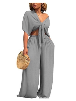 Women's 2 Piece Jumpsuit Ruched Sleeveless Crop Top Ruffle Wide Leg Pant Set Romper Outfit