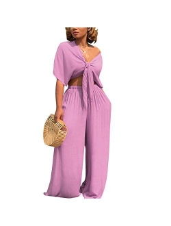 Women's 2 Piece Jumpsuit Ruched Sleeveless Crop Top Ruffle Wide Leg Pant Set Romper Outfit