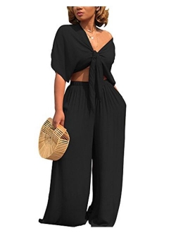 Women's 2 Piece Jumpsuit Ruched Sleeveless Crop Top Ruffle Wide Leg Pant Set Romper Outfit