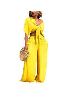 Women's 2 Piece Jumpsuit Ruched Sleeveless Crop Top Ruffle Wide Leg Pant Set Romper Outfit